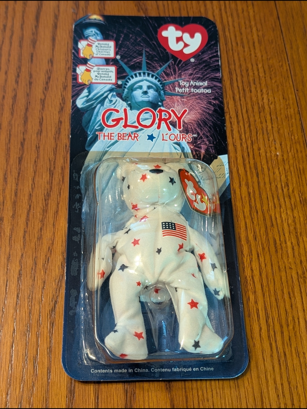 TY Beanie Baby "Glory" Patriotic Star Bear - White with Red & Blue Stars. RARE